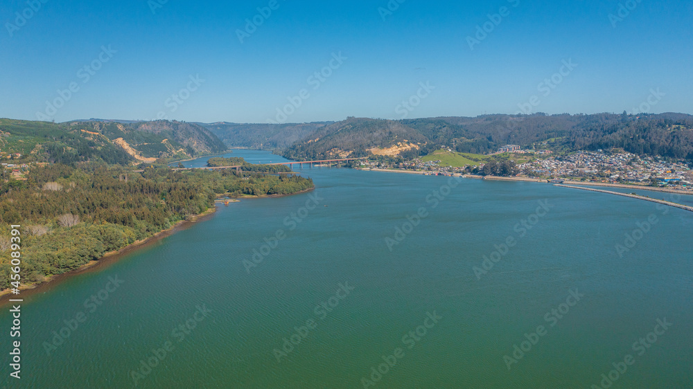 Rio Maule, constitucion, chile, horizontal aerial view with drone of the river 