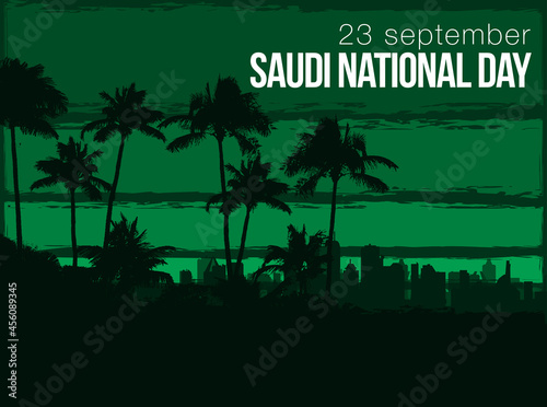 logo design Anniversary 91 years independence. National holiday of the Kingdom of Saudi Arabia and city silhouette, celebrated on September 23rd minimal graphic design postcard with Saudi Arabia flag
