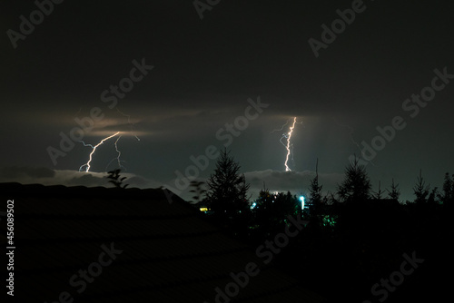 Lightning bolts striking behind the clouds