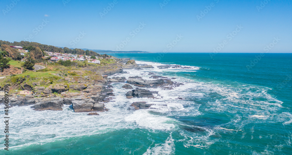 caleta pellines constitucion maule chile, aerial view from drone horizontal photo of sea and beach