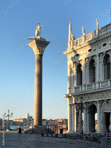 Sculpture of Sacred Teodor - the first patron of Venice standing on a dragon won by it. It is established at column top on Piazza San Marco, Venice