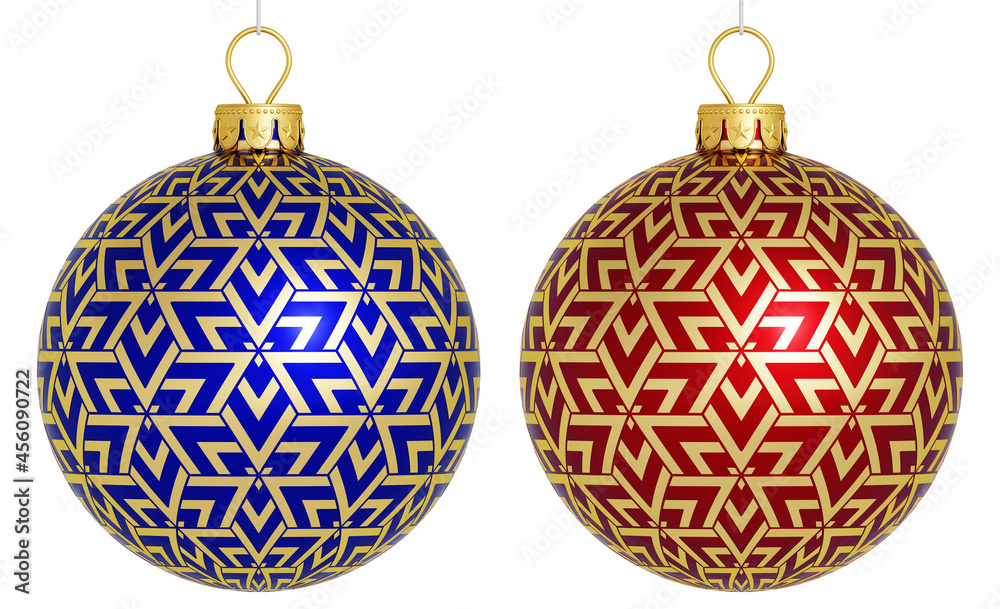 Christmas balls in a row isolated on white. Red, blue and gold balls collection. Gold decor. Luxury holiday template for Christmas banner, cards or poster. 3D render. Isolated. Christmas balls in a row isolated on white. Red, blue and gold balls collection. Gold decor. Luxury holiday template for Christmas banner, cards or poster. 3D render. Isolated.