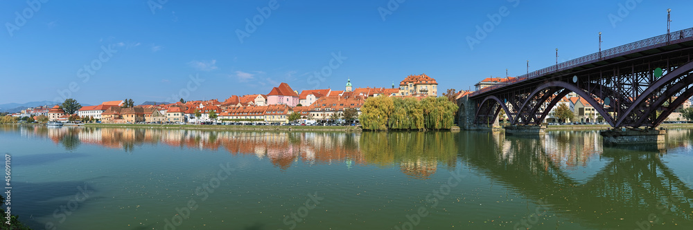 Maribor, Slovenia. Panorama of historical part of the city from the shore of Drava river. Maribor is the second-largest city in Slovenia and the largest city of the traditional region of Lower Styria.