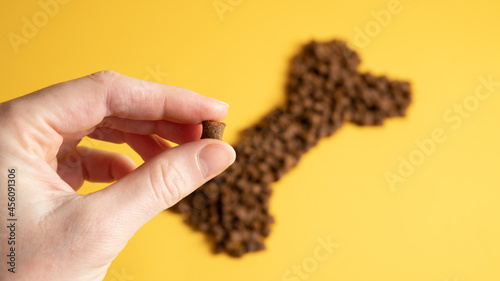 One piece of cats food on yellow background with the shape of a bone. Advertising image for cat food