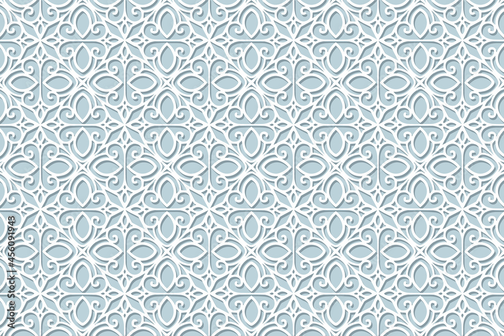 Geometric volumetric convex ethnic white 3D pattern, elegant cover design. Embossed blue background, arabesque. Cut paper effect, openwork lace texture. Oriental, Indonesian, Asian motives.