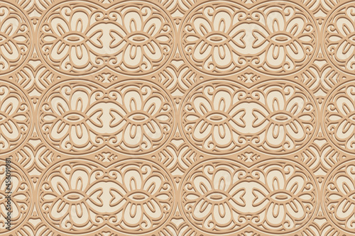 Geometric volumetric convex ethnic 3D pattern. Embossed original beige background. Cut paper effect, openwork lace texture, arabesque. Oriental, Indonesian, Asian motives.