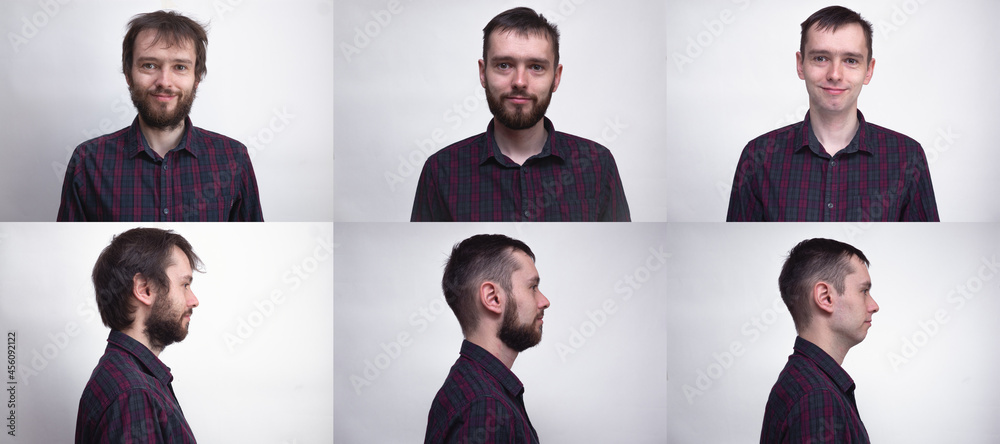 Handsome man after or before shaven. Collage of man portrait. Example of changing the face depending on the amount of hair on face. Handsome man after or before shaven. Collage of man portrait. Example of changing the face depending on the amount of hair on face.
