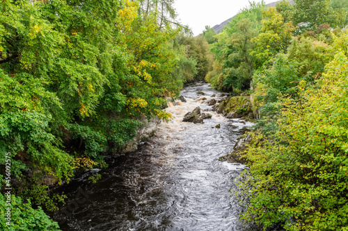 View of Clunie Water river in Aberdeenshire, Scotland. It is a tributary of the River Dee, joining the river at Braemar.