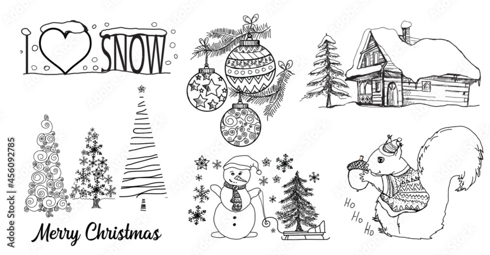 Wesołych Świąt, szkic, rysunek zima, domek drewniany, bałwan - obrazy, fototapety, plakaty 