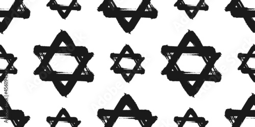 Seamless pattern ink brush hand drawn David star. Black grunge israel hebrew icon wallpaper template. Jewish  hanuka symbol on white background. Judaism religion graphic sketch. Vector illustration