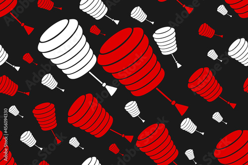 Chinese red and white lanterns on black background. Seamless pattern chinese lights for design wrapping paper. Vector illustration