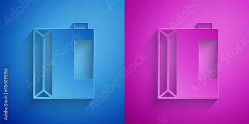 Paper cut Paper package for kefir icon isolated on blue and purple background. Dieting food for healthy lifestyle and probiotics fulfillment. Paper art style. Vector