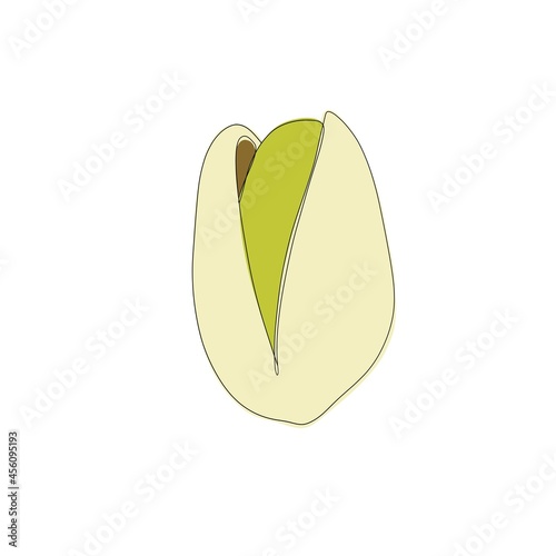 One line hand drawn pistachio with green color. Vector illustration isolated on white background. 