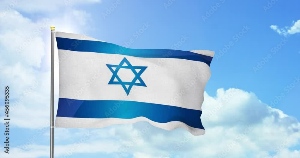 Israel politics and news. Israeli national flag on sky background footage