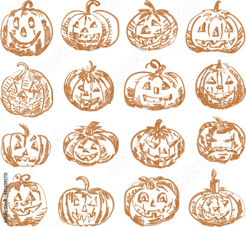 Vector outline brush drawings of set various halloween pumpkins