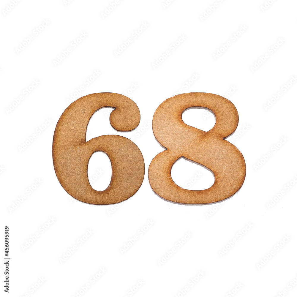 Number 68 in wood, isolated on white background Number 68 in wood, isolated on white background