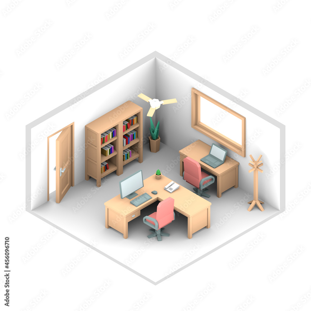 3D isometric interior rendering of modern office studio