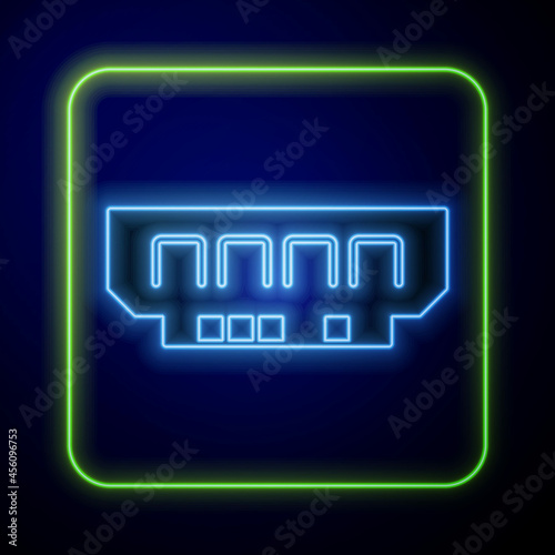 Glowing neon RAM, random access memory icon isolated on blue background. Vector