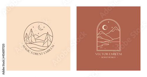 Vector linear boho emblem with abstract winter forest and snowcapped mountain landscapes.Travel logo with firs,snow hills,sea or lake,moon and stars.Modern hike,camp or ski resort label.