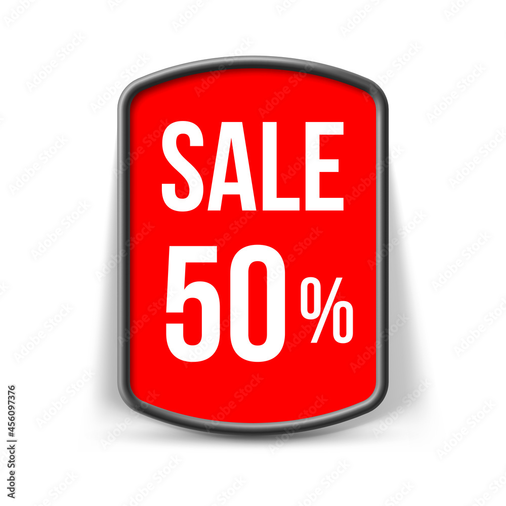 Red Promo Panel, or Button Isolated on a White Background. Template with Slogan - Sale Fifty Percent. Good for Your Websites, Blogs, or Applications Red Promo Panel, or Button Isolated on a White Background. Template with Slogan - Sale Fifty Percent. Good for Your Websites, Blogs, or Applications