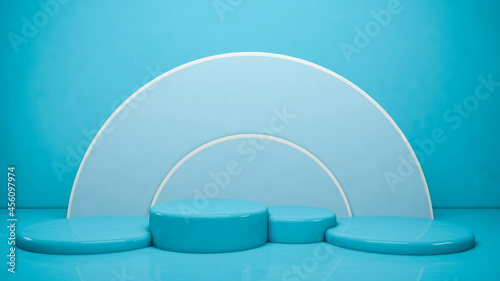 3D rendering with four podiums and wall scene abstract background. Podium platforms for cosmetic product presentation