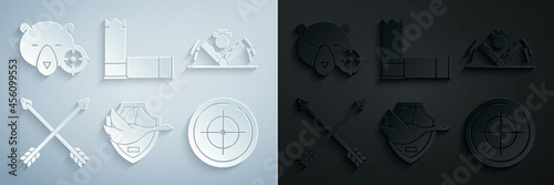 Set Flying duck on shield, Trap hunting, Crossed arrows, Target sport for shooting competition, Cartridges and Hunt bear with crosshairs icon. Vector