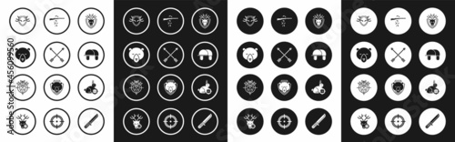 Set Deer head with antlers on shield, Crossed arrows, Bear, Hunter hat, Gun shooting, rabbit crosshairs and deer icon. Vector