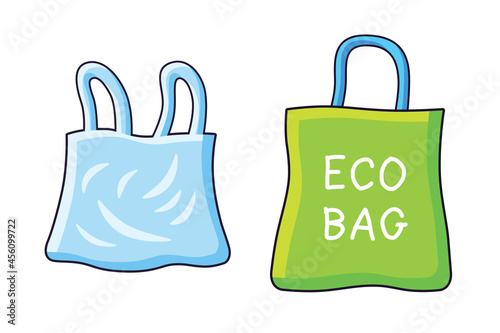 Disposable plastic bag and green eco bag isolated cartoon vector icons