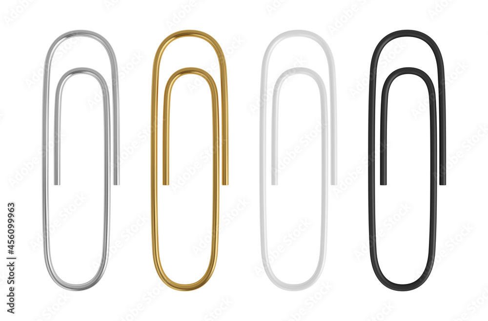 Realistic metal vector paper clips set. Golden, steel, white and black clips. Realistic metal vector paper clips set. Golden, steel, white and black clips.
