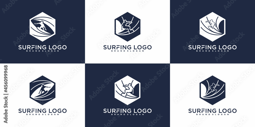 Minimallist surfing logo design template with hexagon box shape Premium Vector