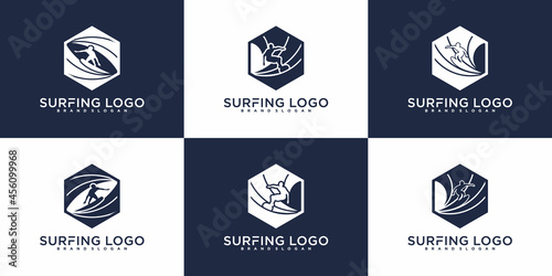 Minimallist surfing logo design template with hexagon box shape Premium Vector