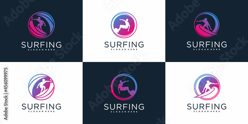 Set of creative surfing logo design collection with luxury gradients colour Premium Vector