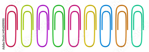 Realistic colored metal vector paper clips set.