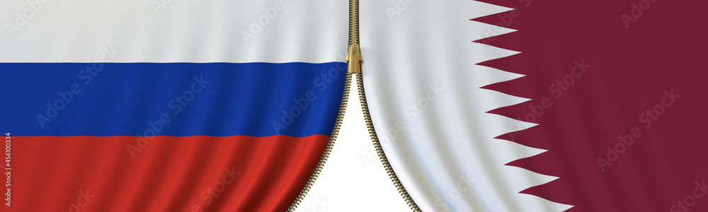 Fototapeta premium Russia and Qatar political cooperation or conflict, flags and closing or opening zipper, conceptual 3D rendering