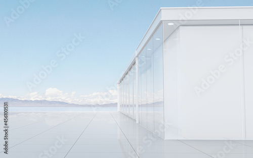 White architecture with outdoor view, 3d rendering.