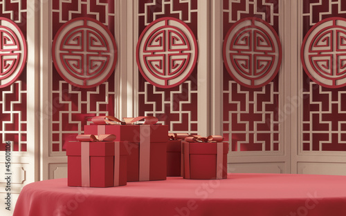 Vászonkép Chinese style empty room and screen, 3d rendering.
