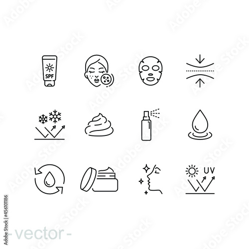Care skin icon set. Face, skincare, sunscreen, cream, facial, clean, hair, routine, makeup, cleanser, scrub, uv, elasticity, pictogram, beauty concept. thin line symbol vector editable stroke EPS 10