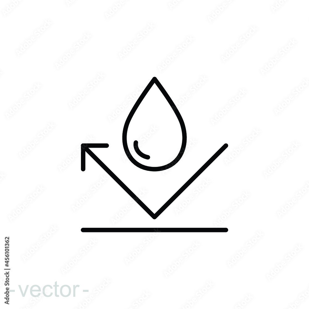 Waterproof icon. Simple outline style. Water repellent surface, corrosion, proof, chemical, hydrophobic, fabric, liquid drop. Vector illustration isolated on white background. Editable stroke EPS 10 Waterproof icon. Simple outline style. Water repellent surface, corrosion, proof, chemical, hydrophobic, fabric, liquid drop. Vector illustration isolated on white background. Editable stroke EPS 10