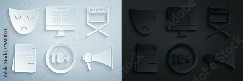 Set Under 18 years, Director movie chair, Scenario, Megaphone, Buy cinema ticket online and Drama theatrical mask icon. Vector