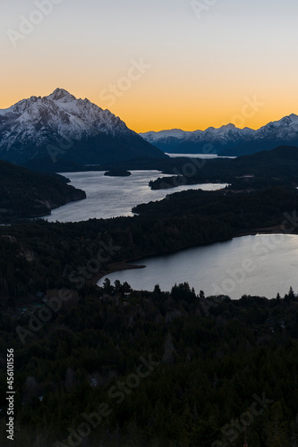 Beautiful view of the Nahuel Huapi National Park and the Andes Mountains  at sunset from the viewpoint of Cerro Campanario. Bariloche  Argentina.