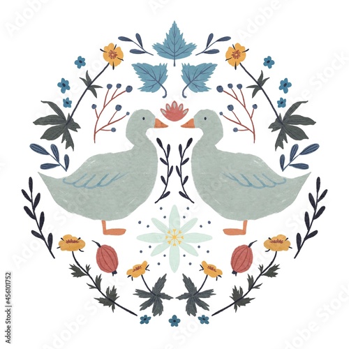 Goose and flowers folk ornament gouache illustration isolated on white background 