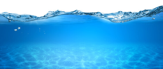 water wave underwater blue ocean swimming pool wide panorama background sandy sea bottom isolated white background