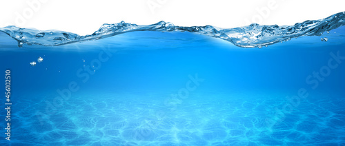 Fototapeta Naklejka Na Ścianę i Meble -  water wave underwater blue ocean swimming pool wide panorama background sandy sea bottom isolated white background