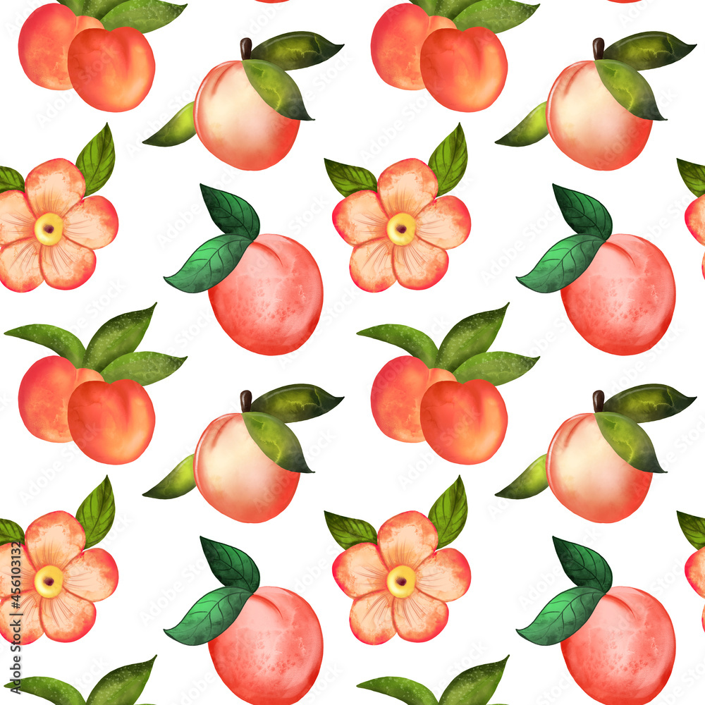 Illustration digital watercolor seamless pattern of peach and flowers Illustration digital watercolor seamless pattern of peach and flowers