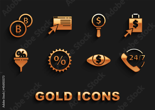 Set Discount percent tag, Shoping bag and dollar, Telephone 24 hours support, Eye with, Lead management, Magnifying glass, Cryptocurrency coin Bitcoin and Online shopping screen icon. Vector