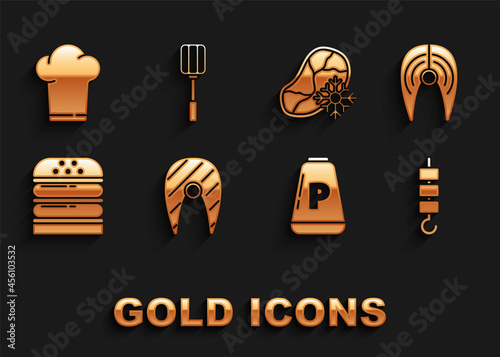Set Fish steak, Grilled shish kebab on skewer stick, Pepper, Burger, Fresh frozen meat, Chef hat and Spatula icon. Vector