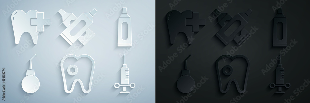 Set Tooth with caries, Tube of toothpaste, Enema pear, Dental medical ...