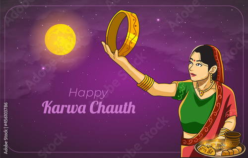 happy karwa chauth celebration banner greeting card with indian woman photo