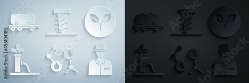 Set Molecule oil, Bio fuel, Oil pump or pump jack, Oilman, Rotating drill digging hole and railway cistern icon. Vector