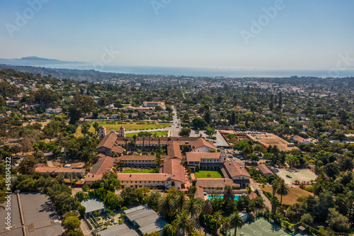 Drone photo of Old Mission in Santa Barbara, California, with ocean view